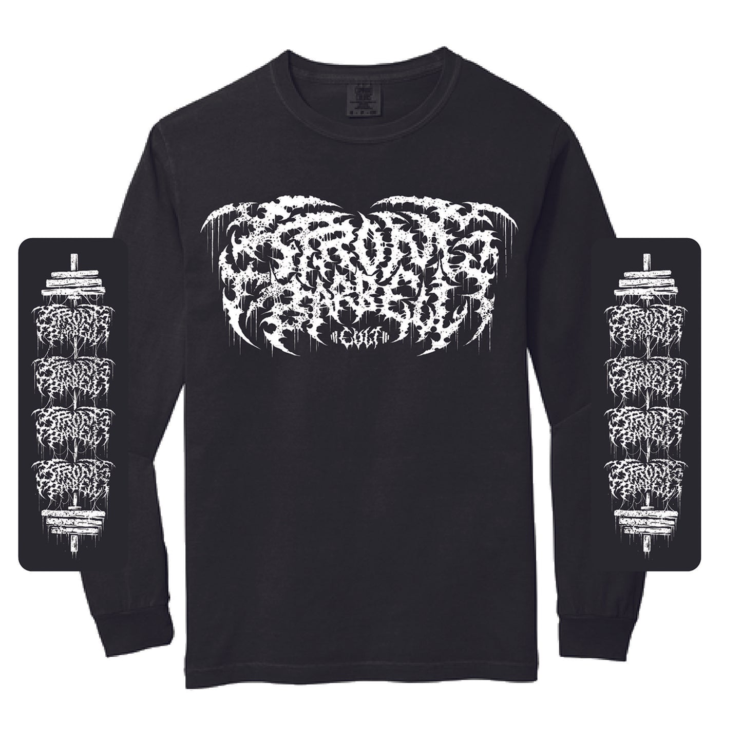 Black long-sleeve shirt with white graphic design on a white background