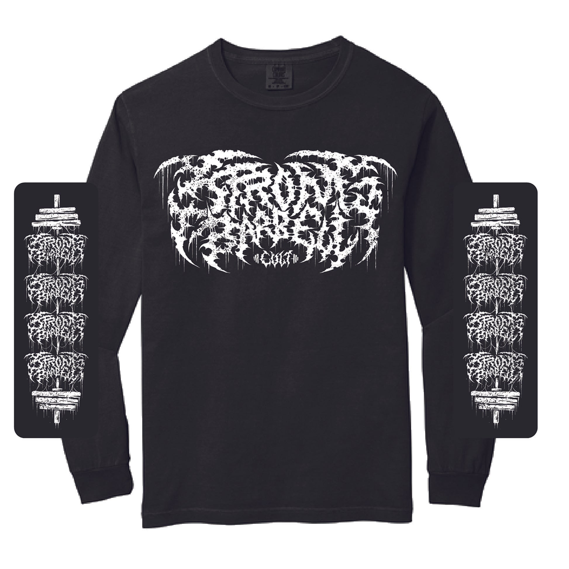 Black long-sleeve shirt with white graphic design on a white background