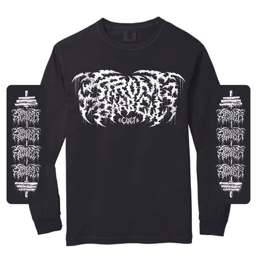 Black long-sleeve shirt with white graphic design on a white background